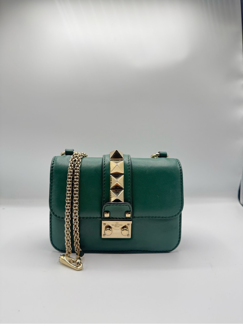 Valentino Garavani Small Glam Lock Rockstud Green Leather Chain Shoulder Bag